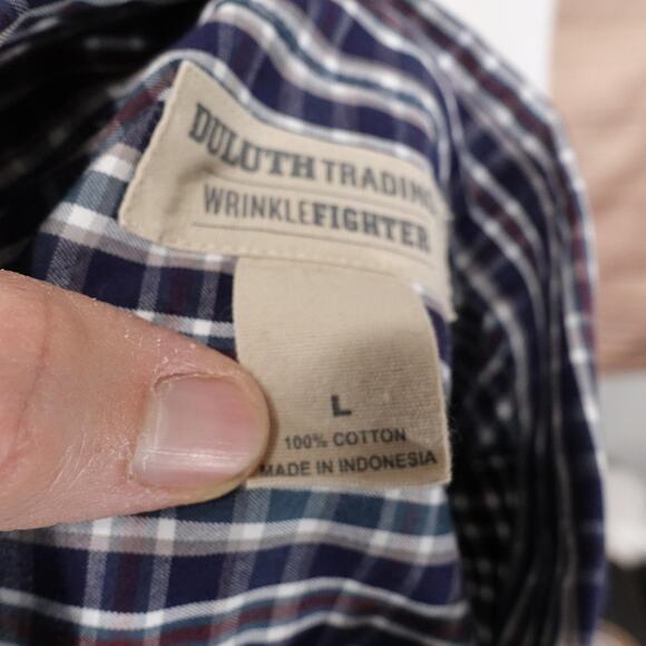 Duluth Trading WrinkleFighter Shirt Mens Large Blue Plaid Button Down Cotton - Picture 7 of 8